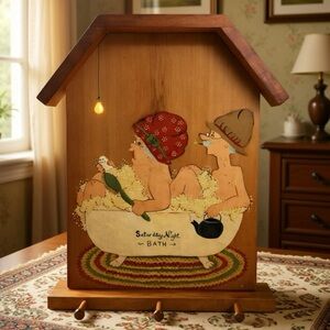 Vtg Folk Art “Saturday Night Bath”Wooden Wall hanging with 3 Towel pegs. Retro